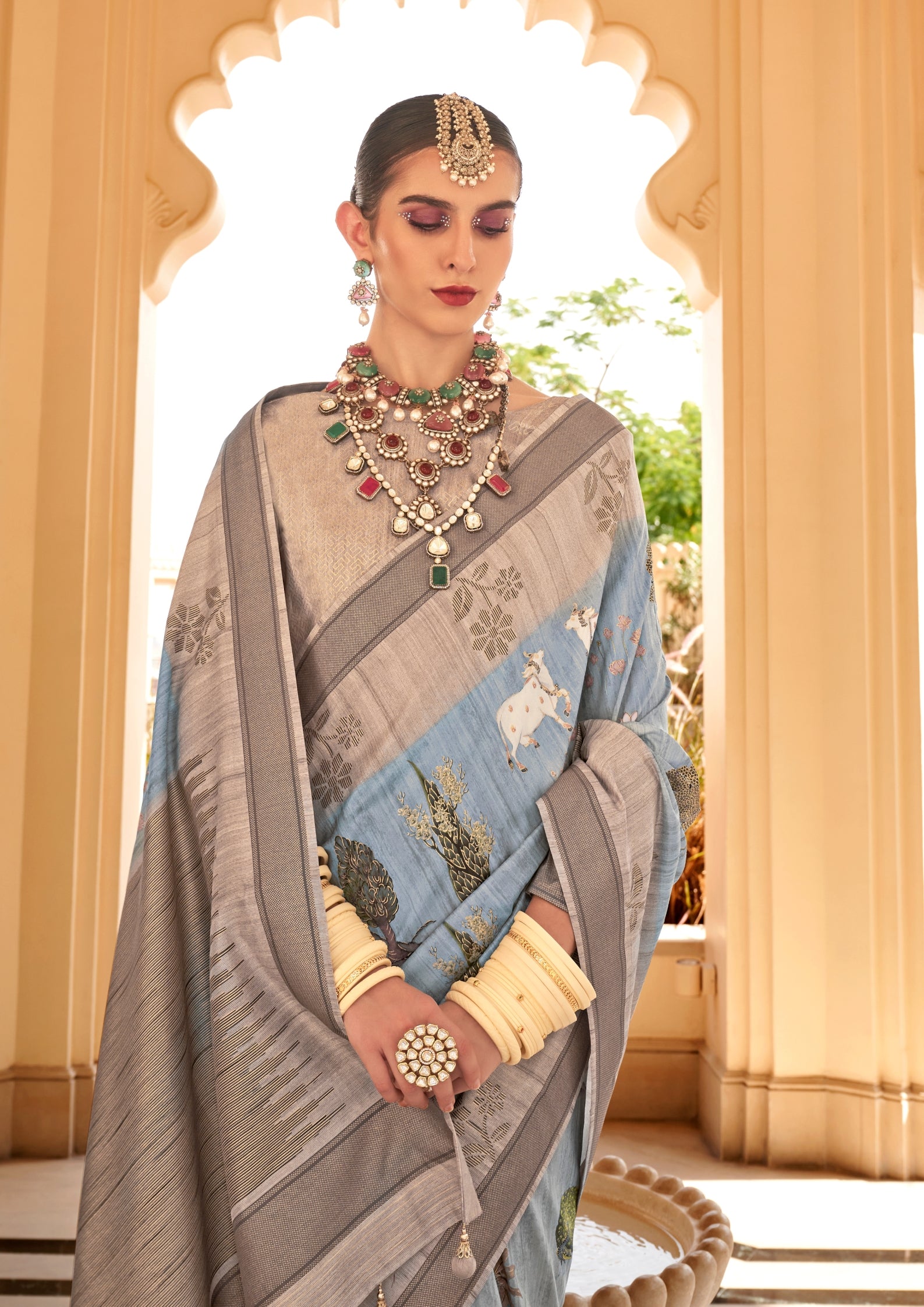 Pastel Blue Raw Silk Saree With Foil And Khadi Print
