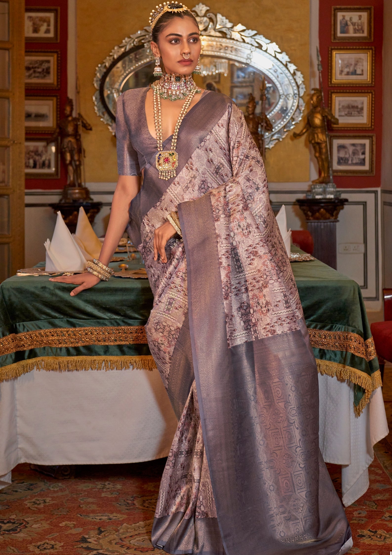 LILAC TUSSER SILK WITH DIGITAL PRINTED ZARI BORDER SAREE