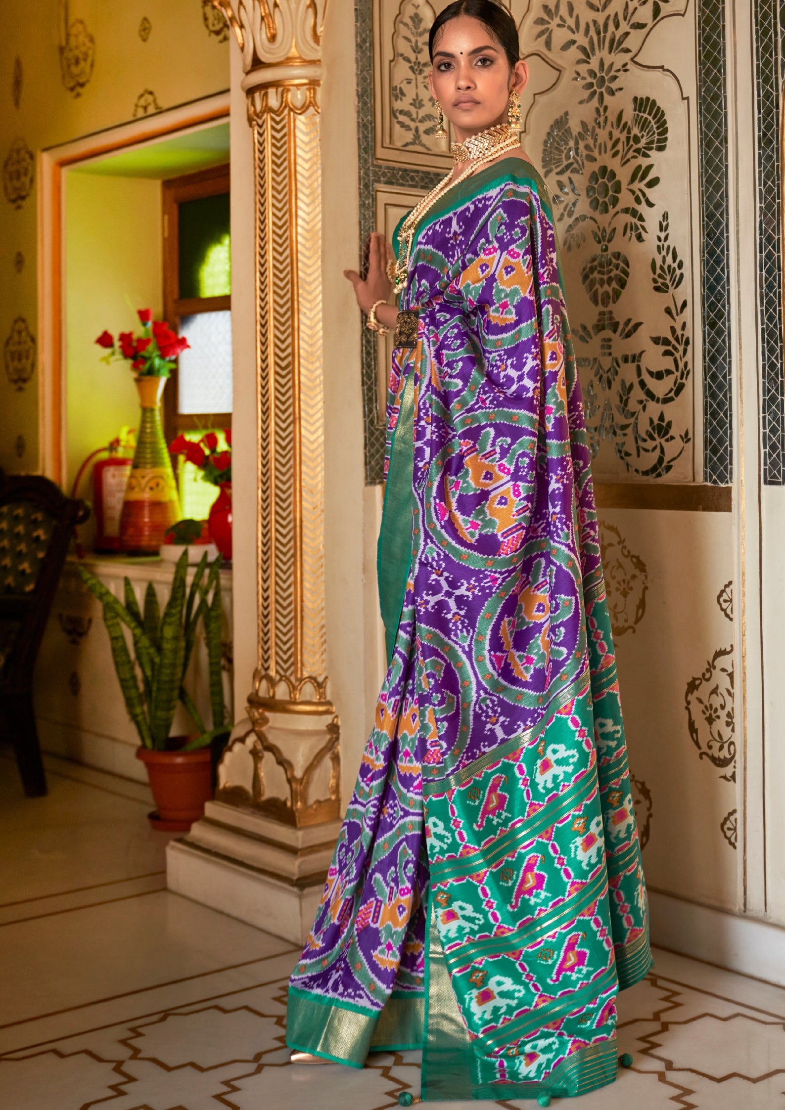 Purple Patola Saree With Teal Border