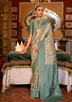 SEA GREEN TUSSER SILK WITH DIGITAL PRINTED ZARI BORDER SAREE