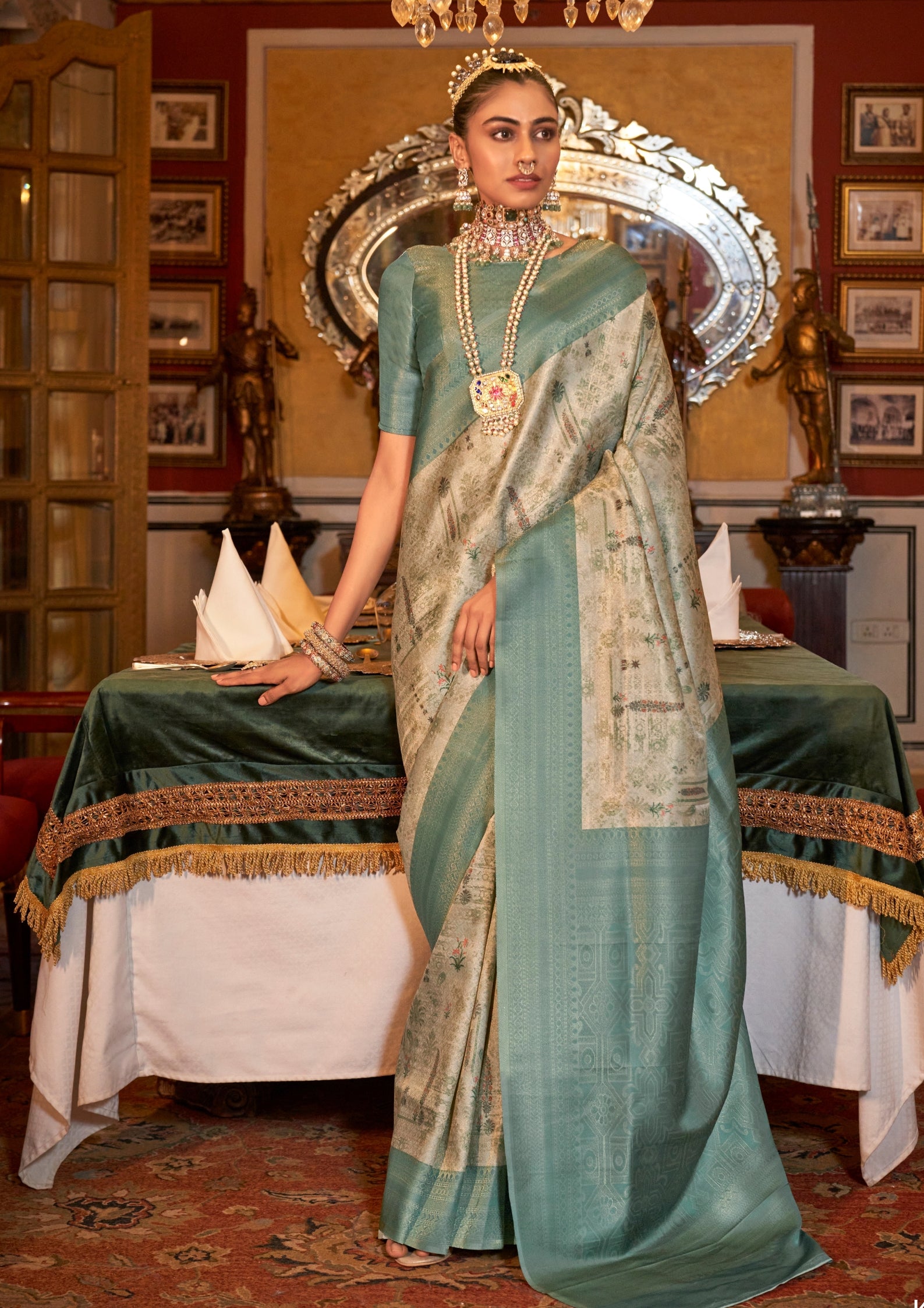 SEA GREEN TUSSER SILK WITH DIGITAL PRINTED ZARI BORDER SAREE