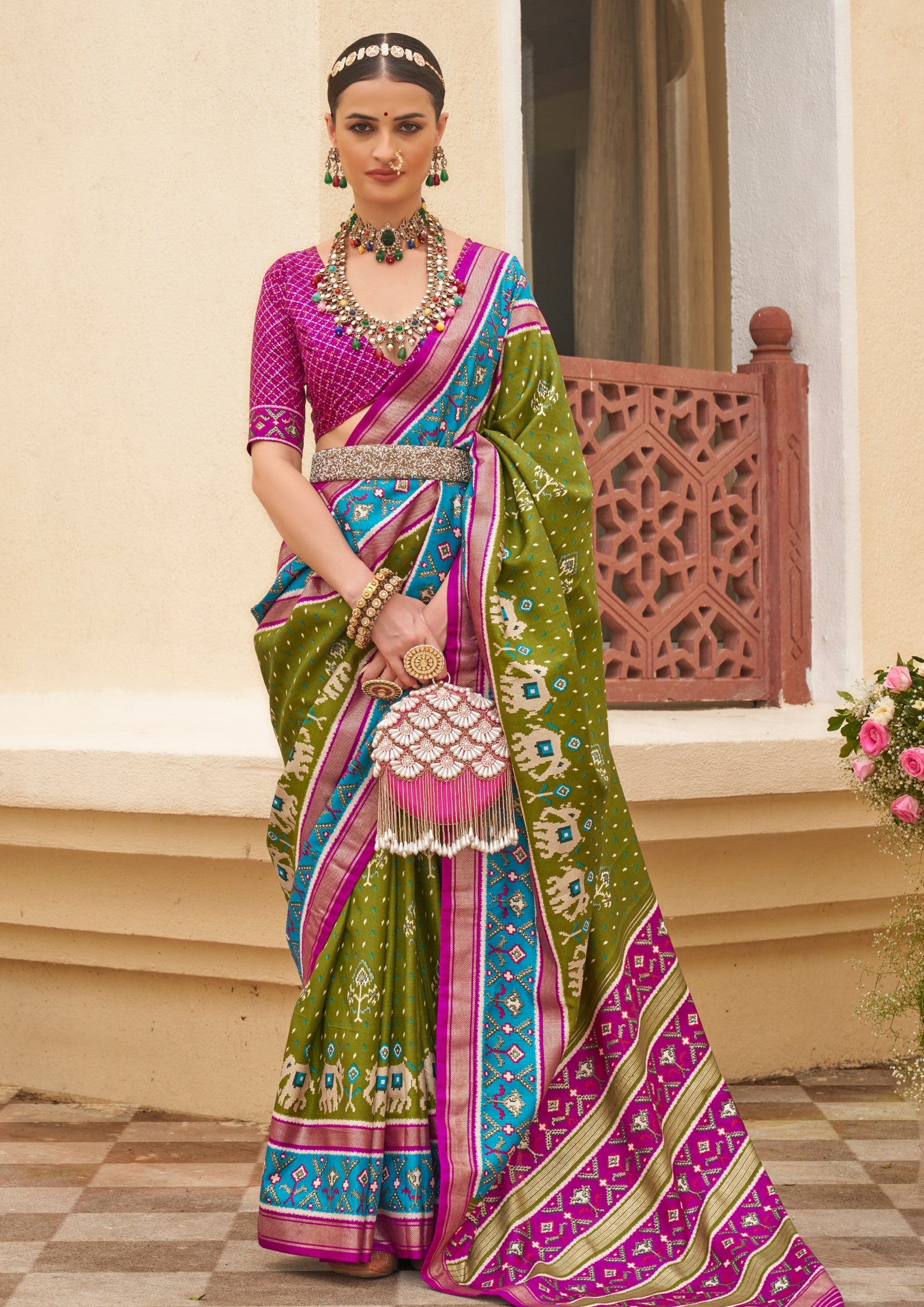 Olive And Magenta  Silk with Aqua Finish