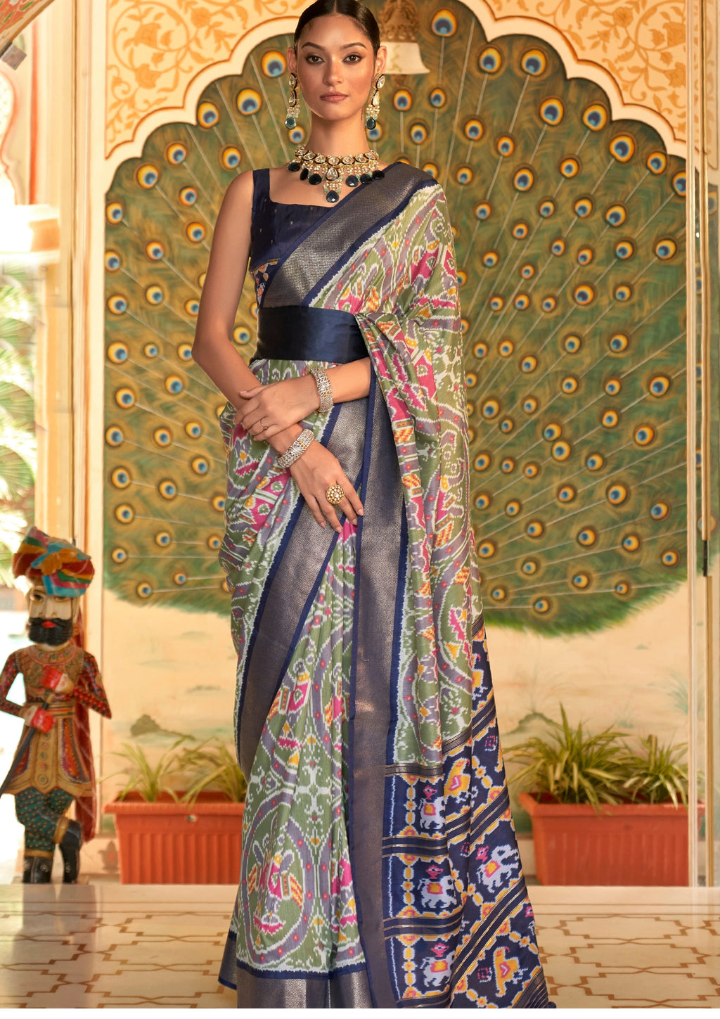 Sage Green Patola Saree With Royal Blue Border