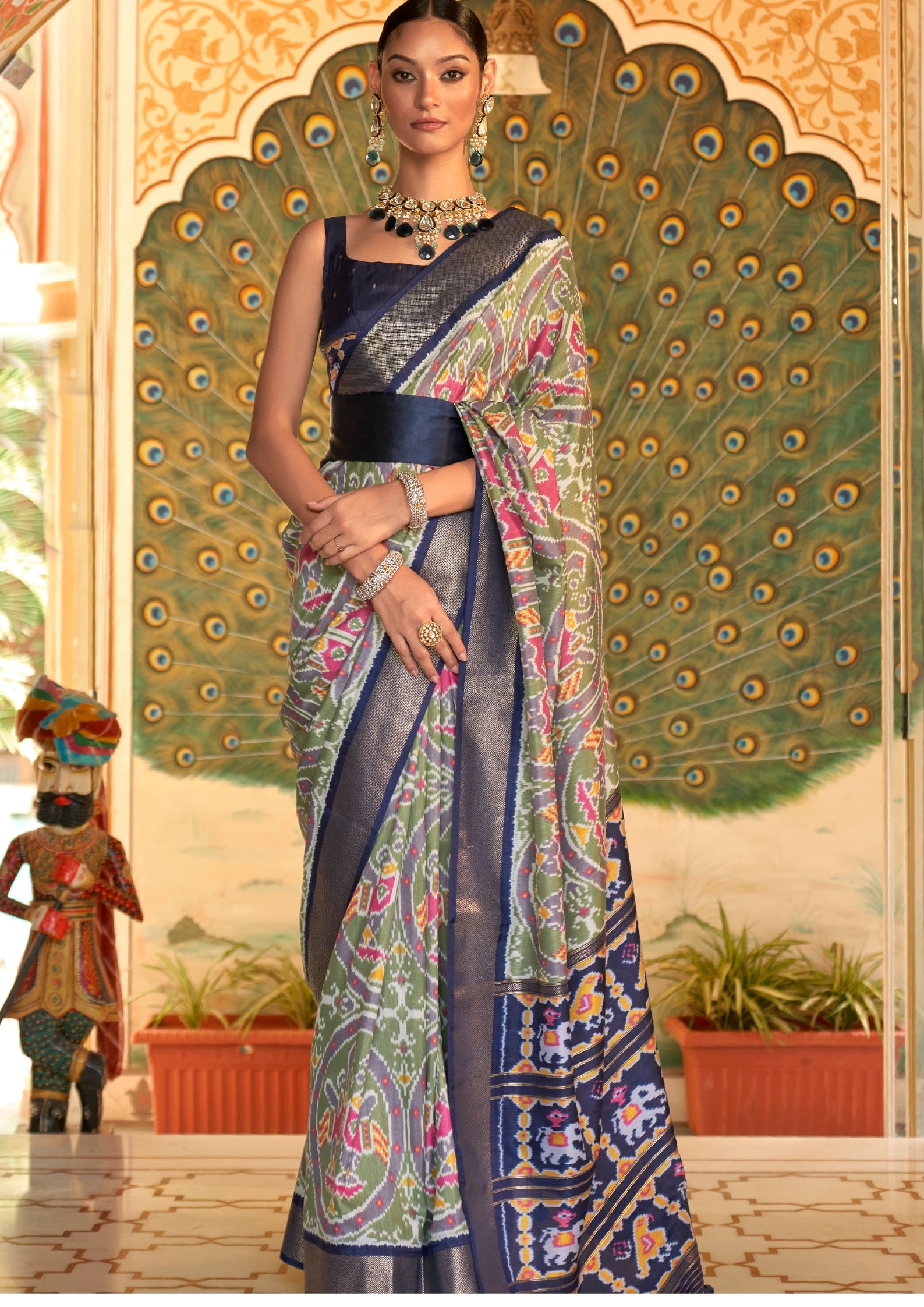 Sage Green Patola Saree With Royal Blue Border