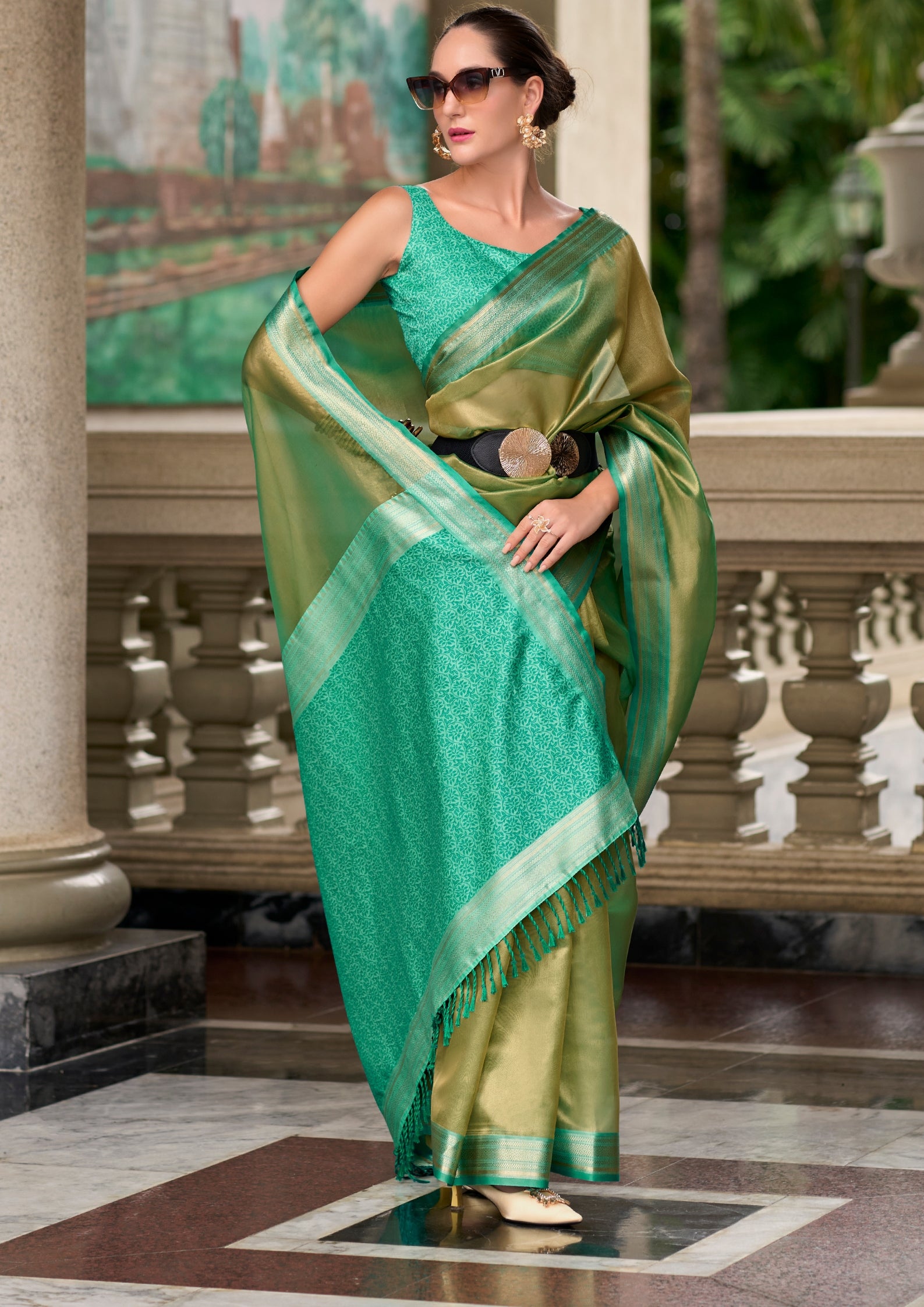 Pure Tissue Green  Saaree  With Designer Pallu and blouse