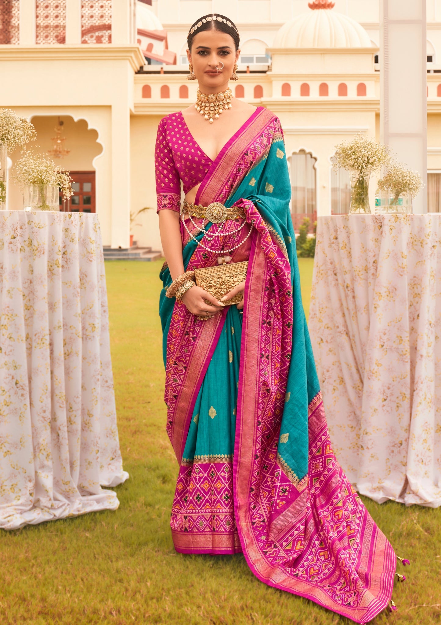 Turquise with Hot Pink Border Silk Saree with Aqua Finish