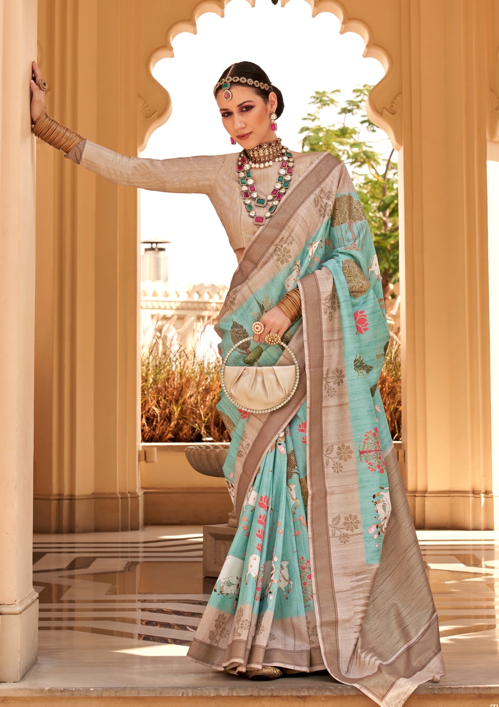 Electric Blue Raw Silk Saree With Foil And Khadi Print
