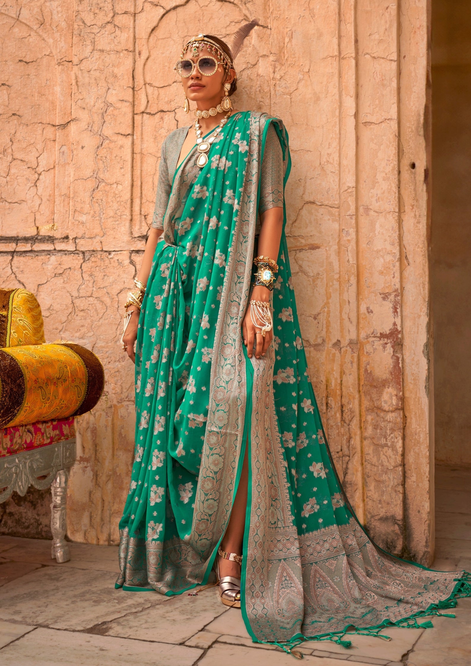 TEAL GEORGETTE  SAREE WITH WEAVING BUTA BORDER