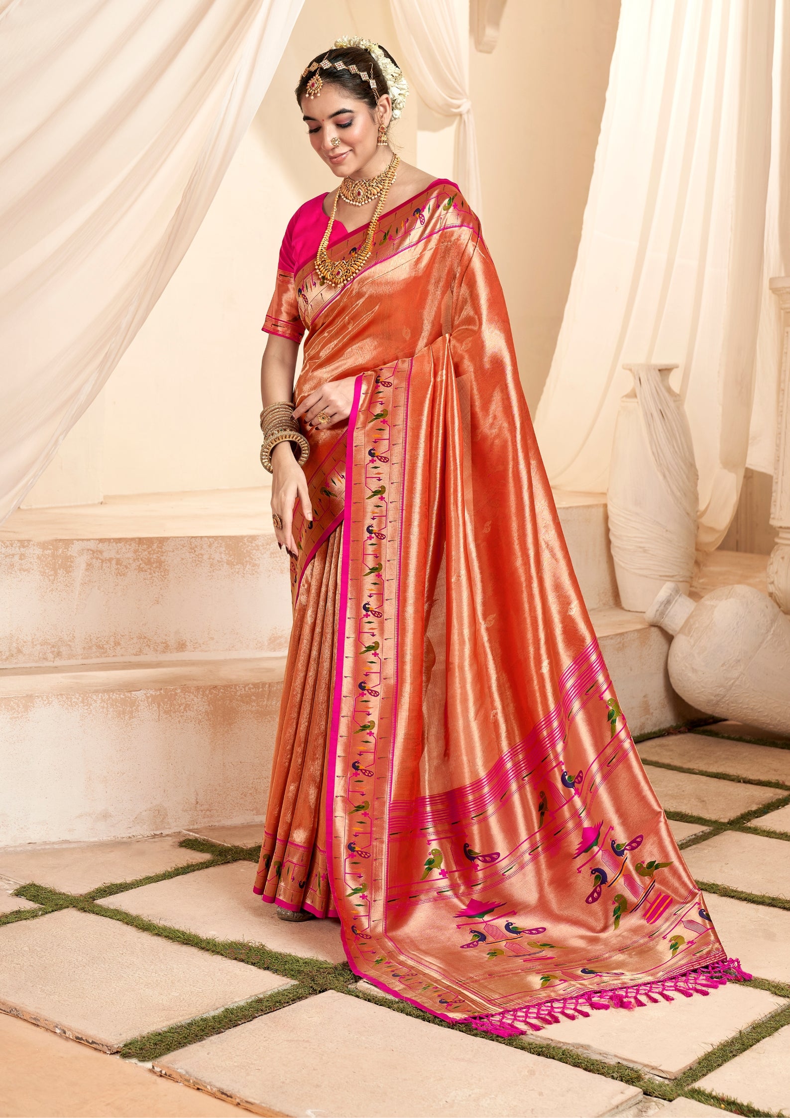 Pure Paithani Tissue Orange  Silk With Zari Border
