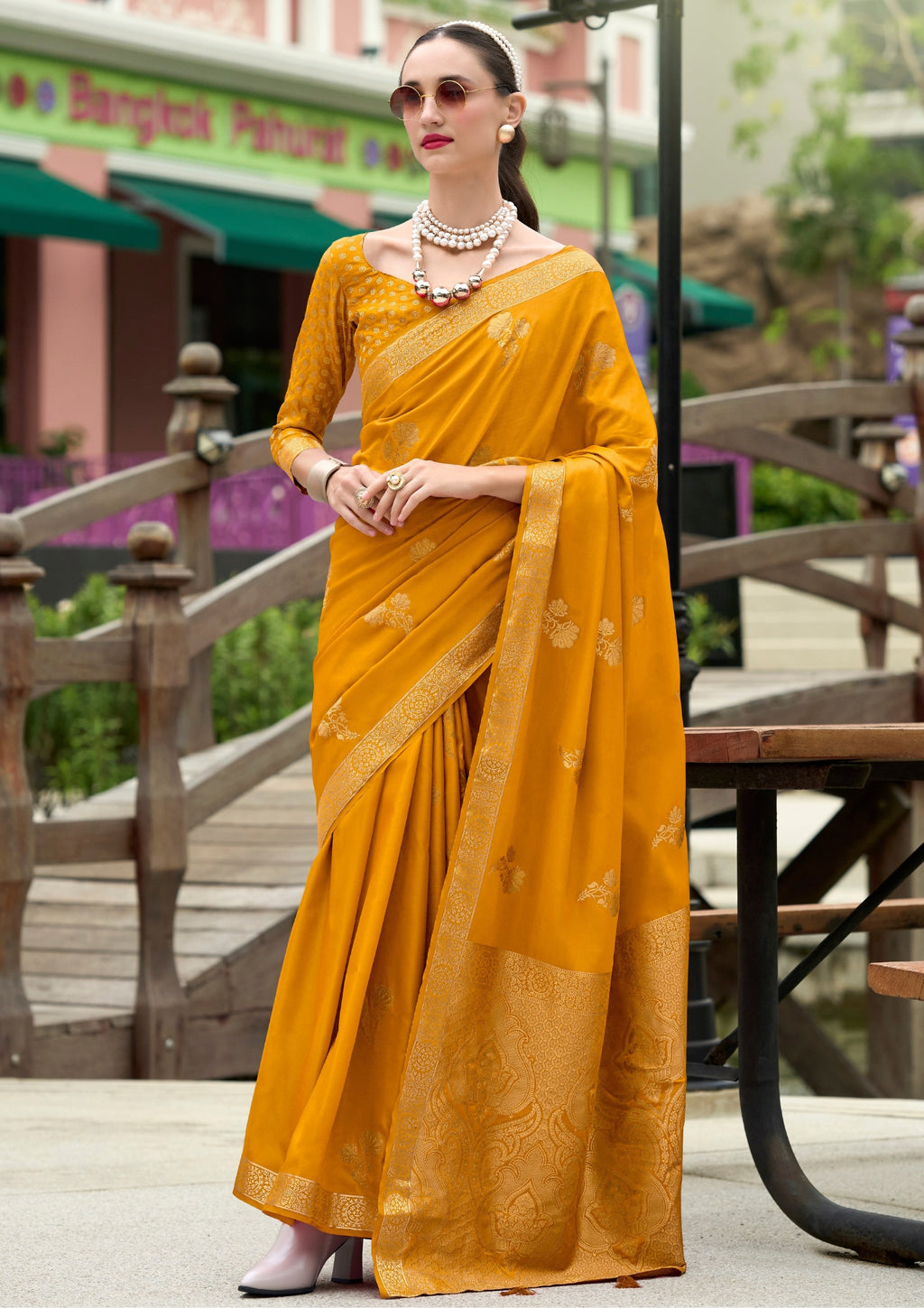 PURE SATTIN HANDWOVEN YELLOW WITH ZARI WEAVING