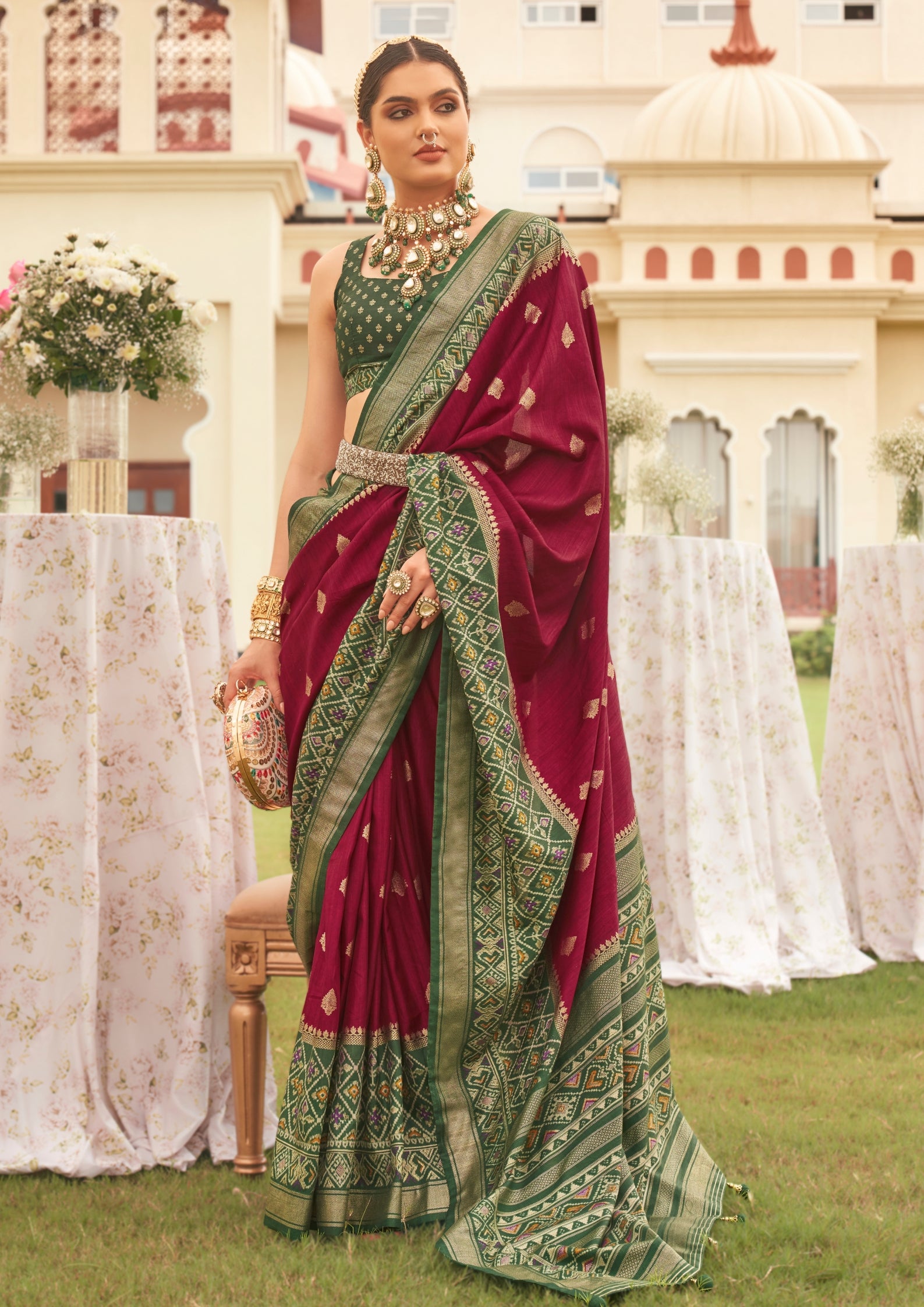 Maroon Silk Saree with Aqua Finish