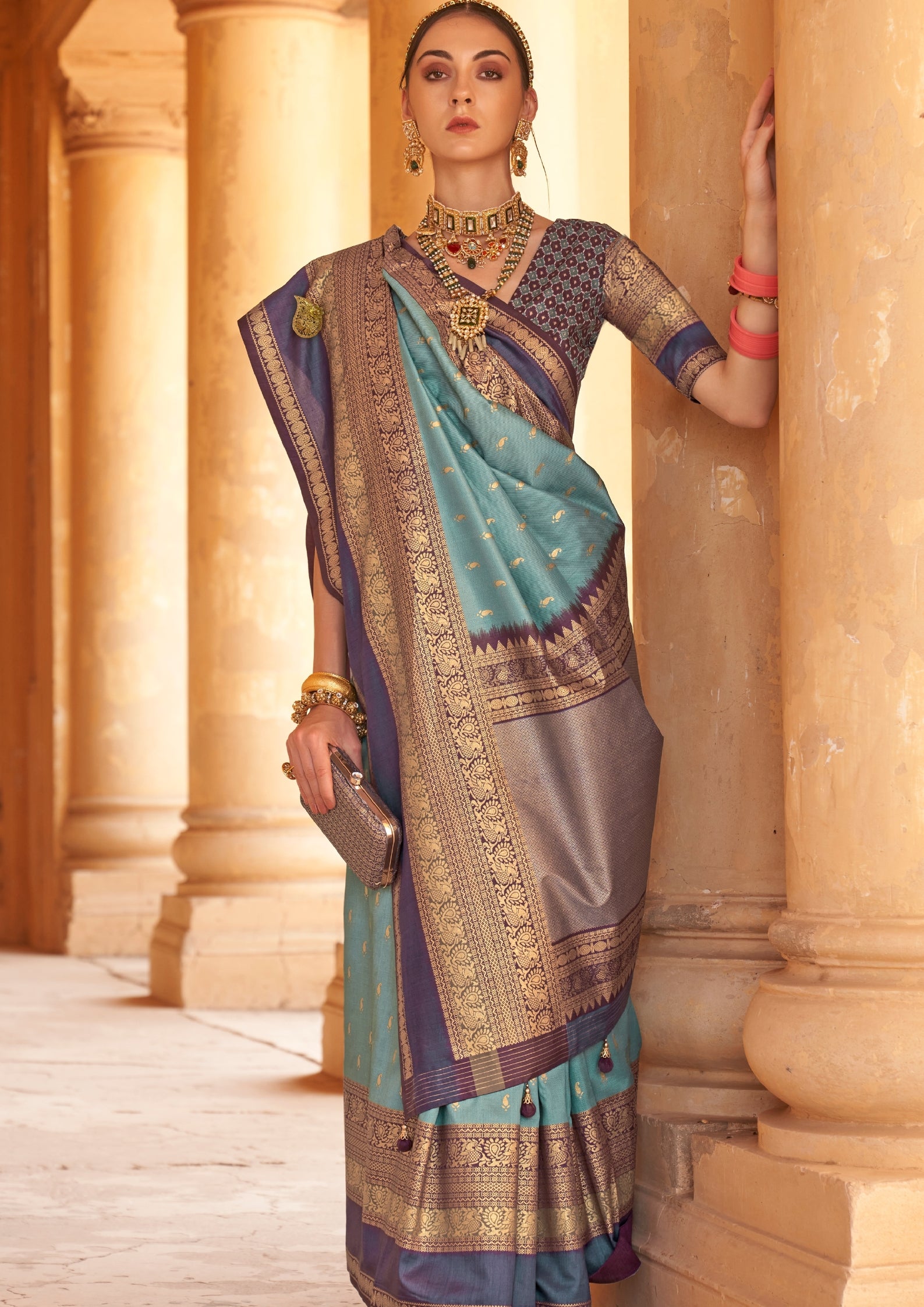 Blue Silk Saree With Patola Blouse