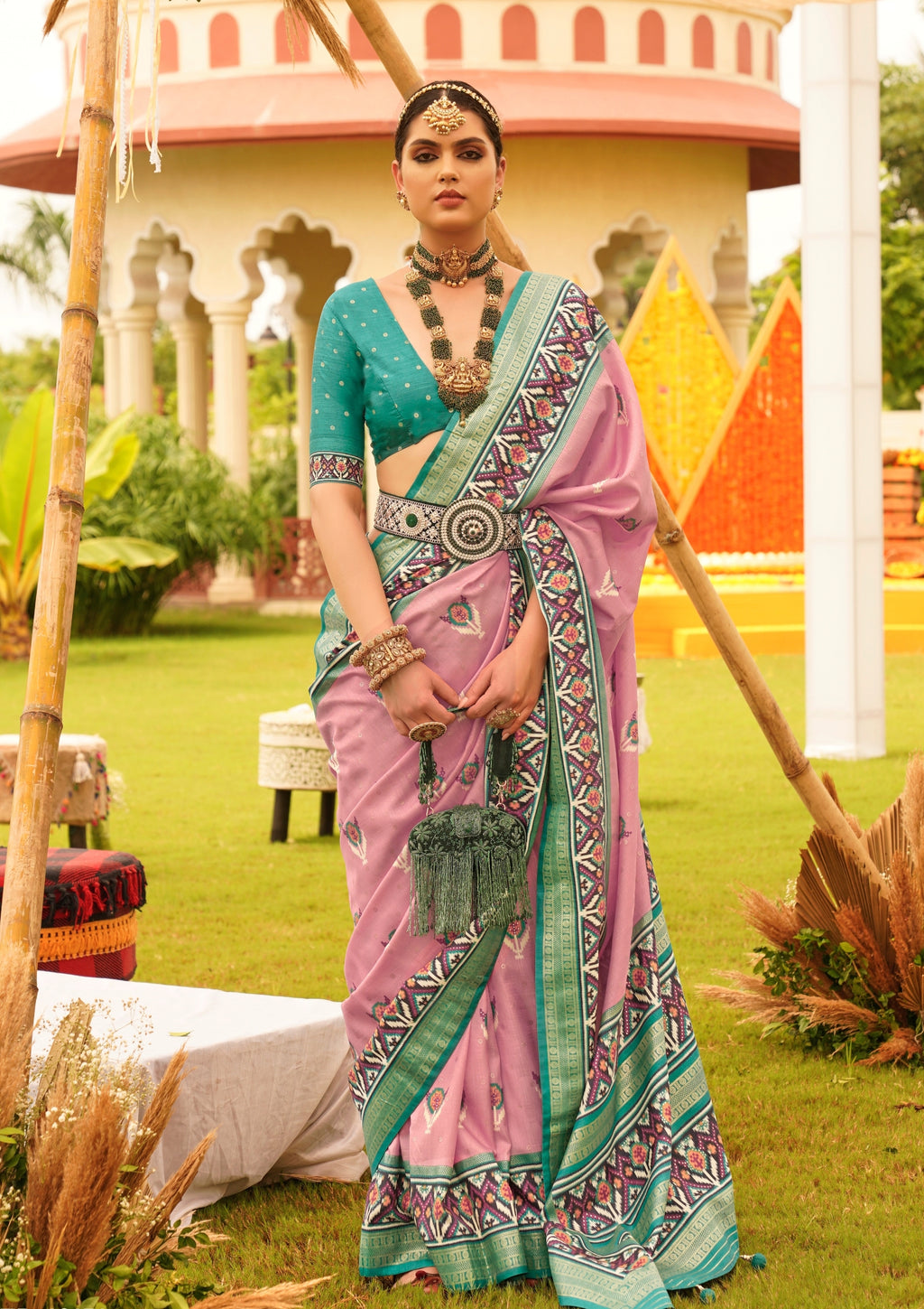 Pastel Pink with Cyan Border Silk with Aqua Finish