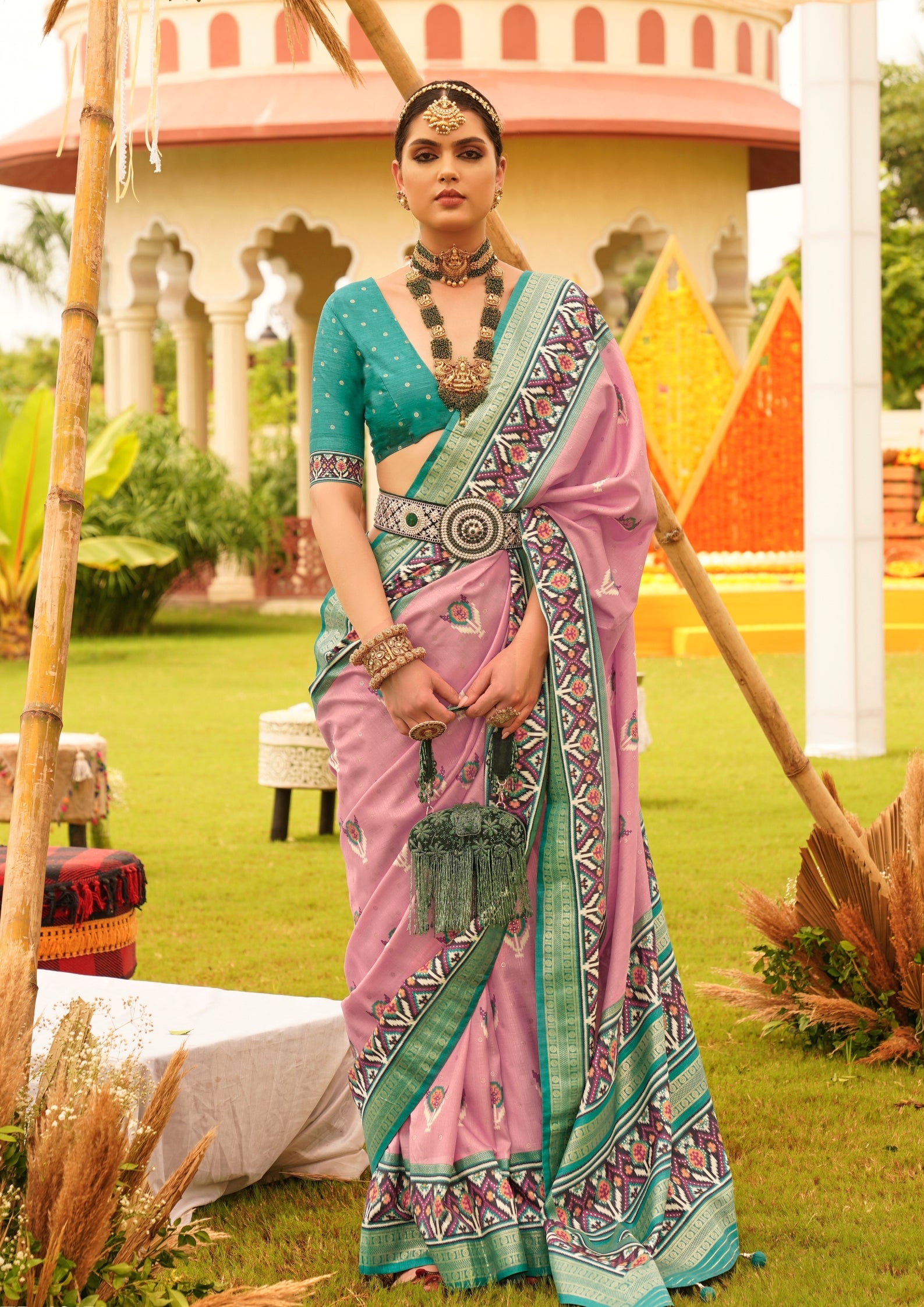 Pastel Pink with Cyan Border Silk with Aqua Finish