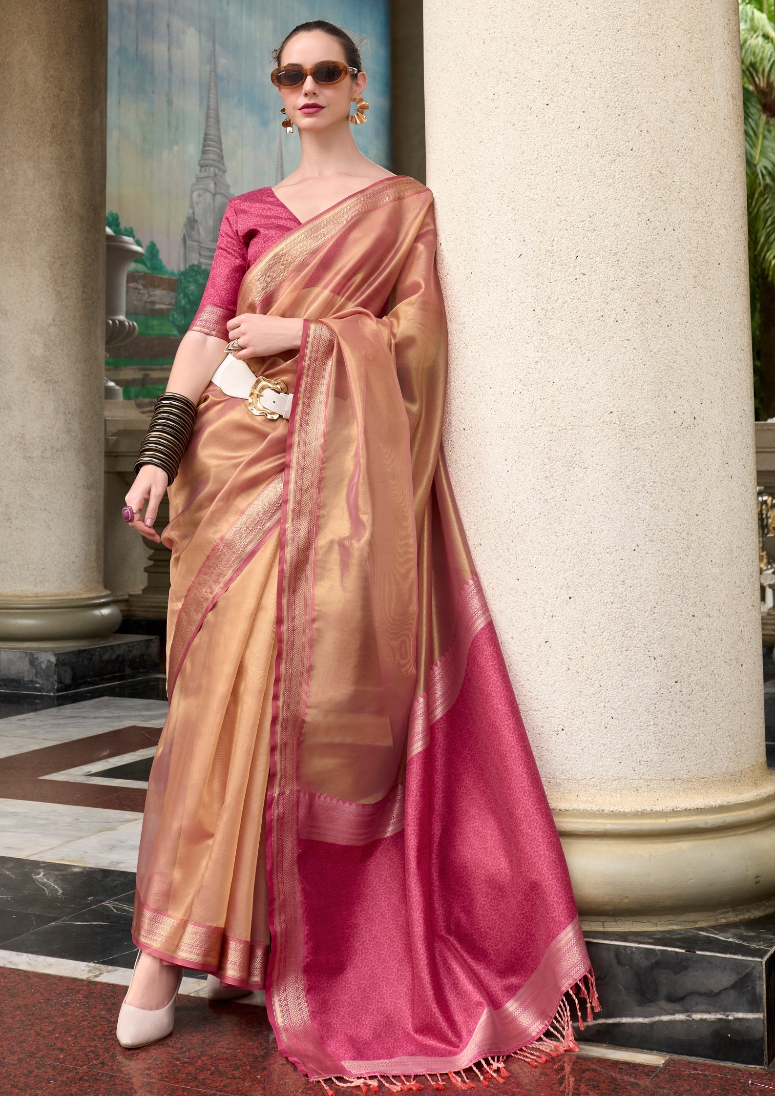 Pure Tissue Rose Gold Saaree  With Designer Pallu and blouse