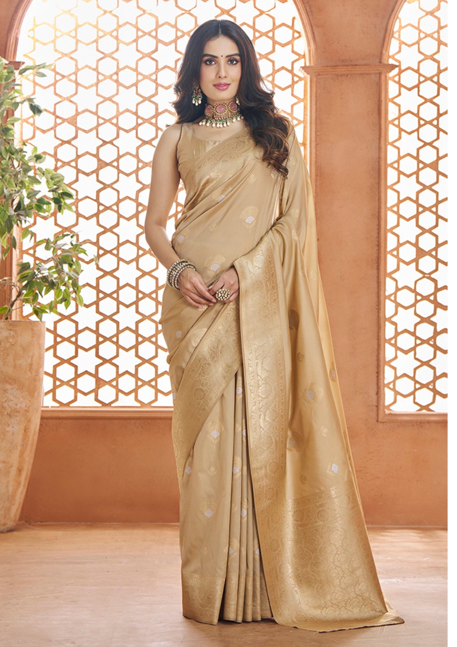 PURE SOFT BANARASI SILK BEIGE SAREE