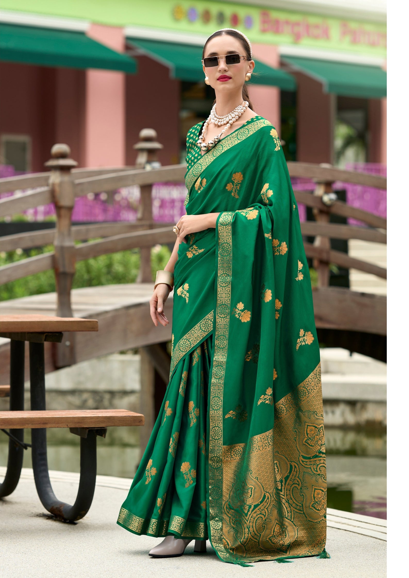 PURE SATTIN HANDWOVEN GREEN WITH ZARI WEAVING