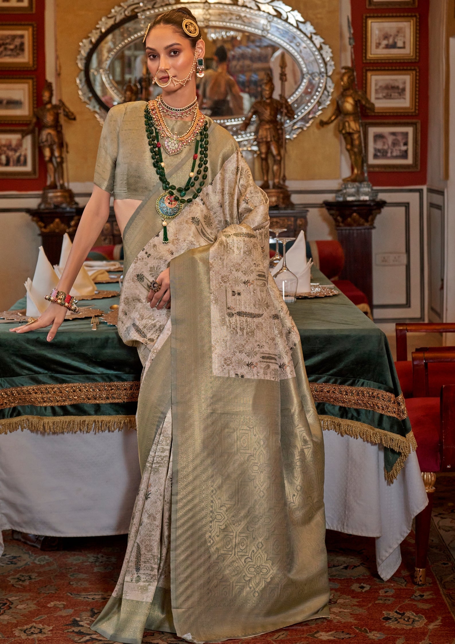 PISTACHIO TUSSER SILK WITH DIGITAL PRINTED ZARI BORDER SAREE