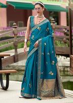 PURE SATTIN HANDWOVEN TEAL SAAREE WITH ZARI WEAVING