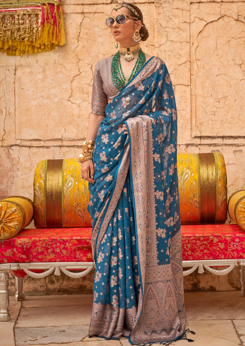 BLUE GEORGETTE SAREE WITH WEAVING BUTA BORDER