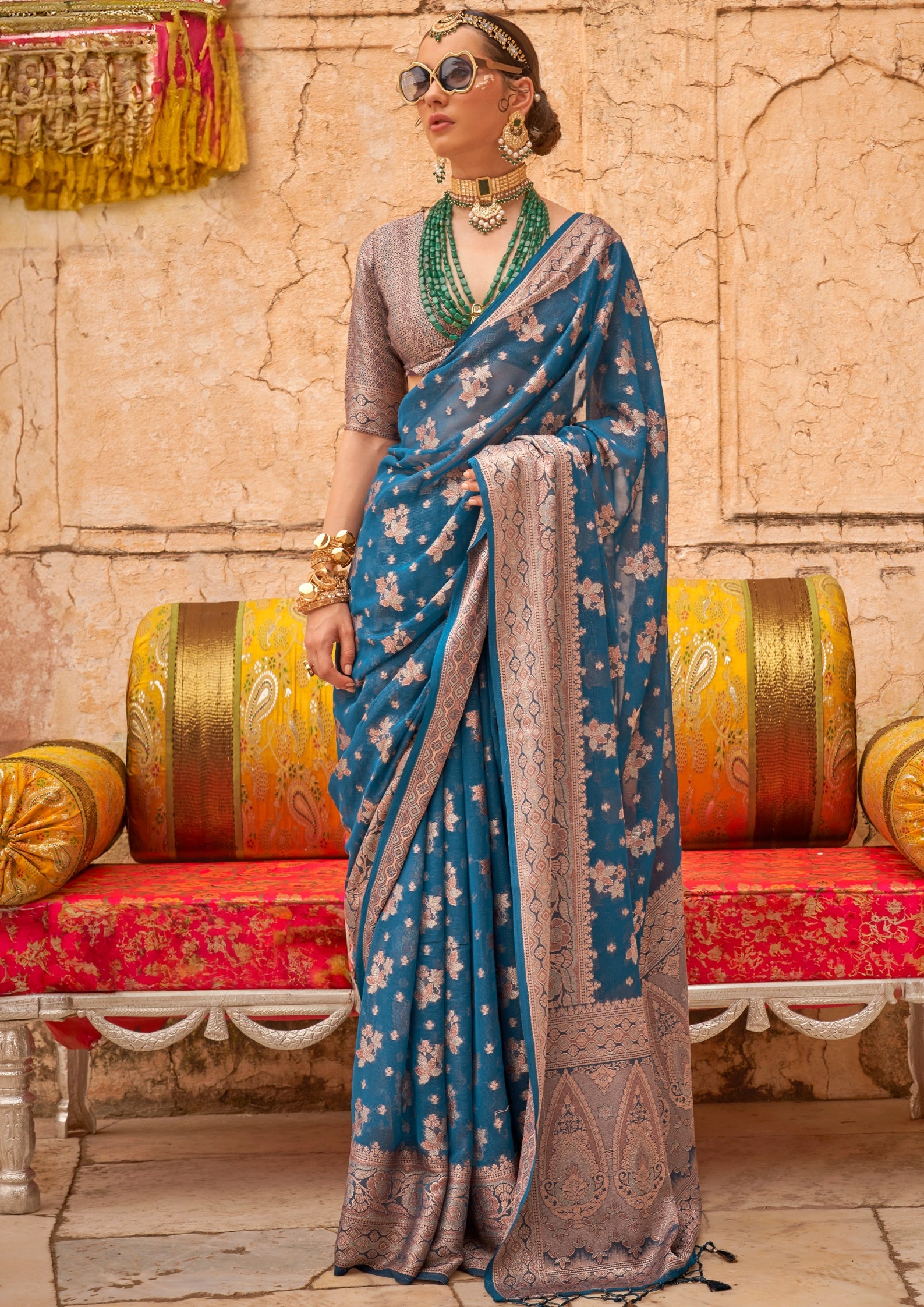 BLUE GEORGETTE SAREE WITH WEAVING BUTA BORDER