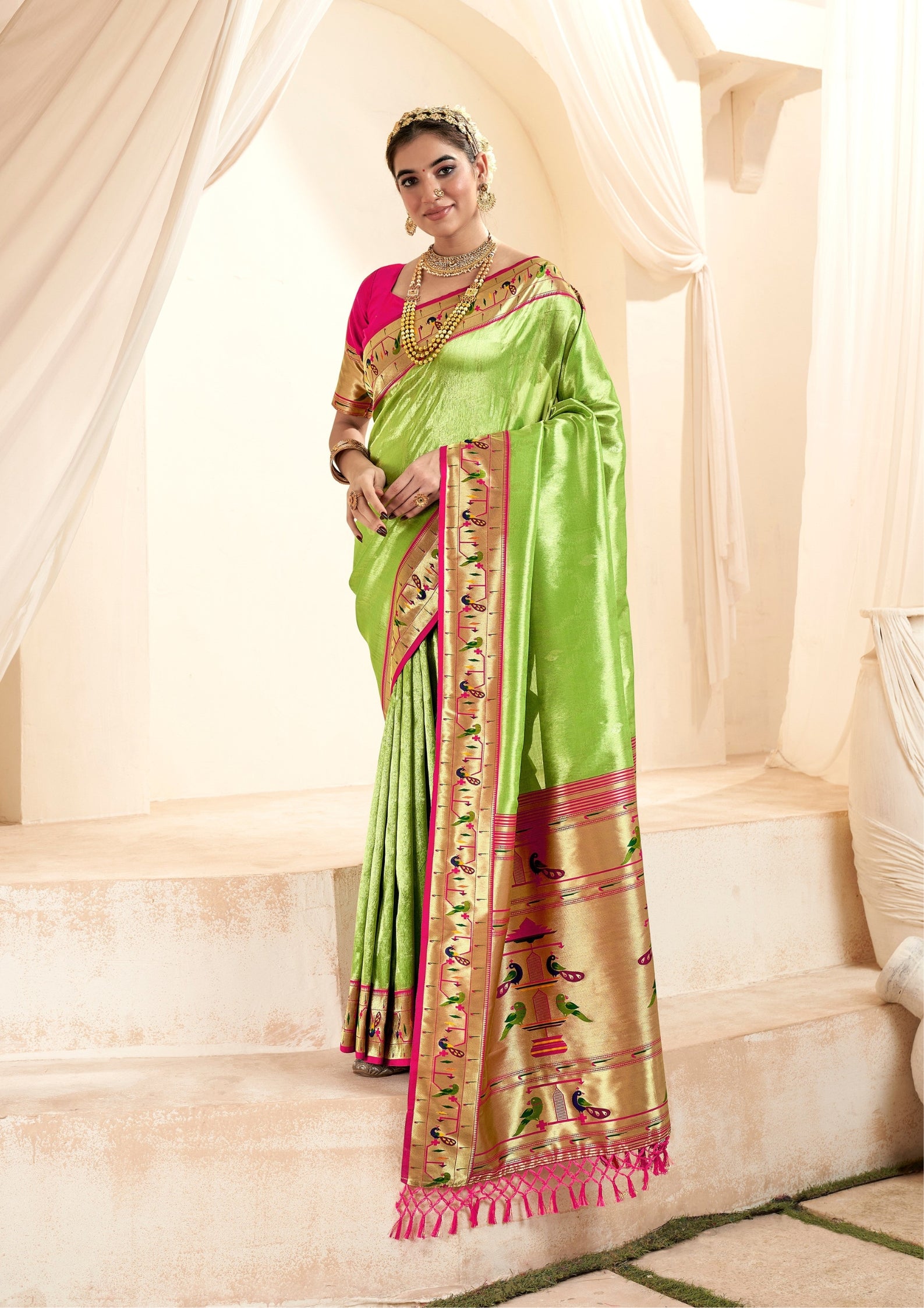 Pure Paithani Tissue Lime Green Silk With Zari Border