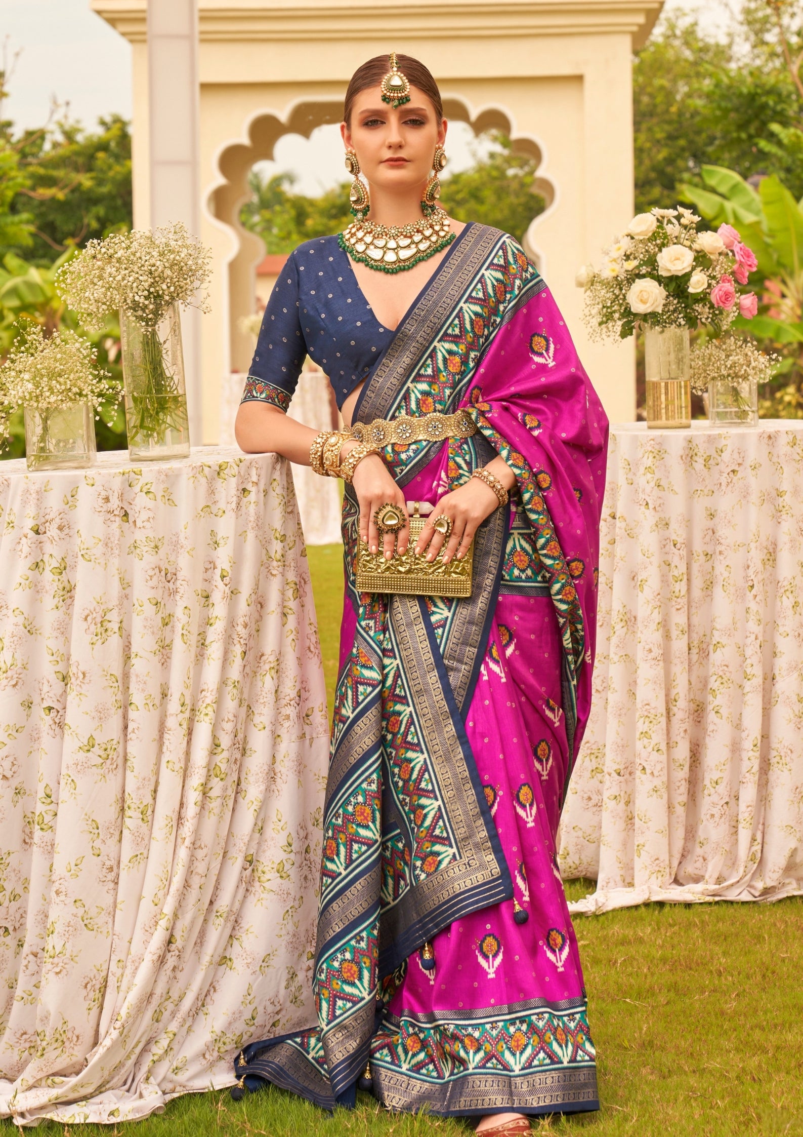 Rani Pink with Cyan Border Silk with Aqua Finish