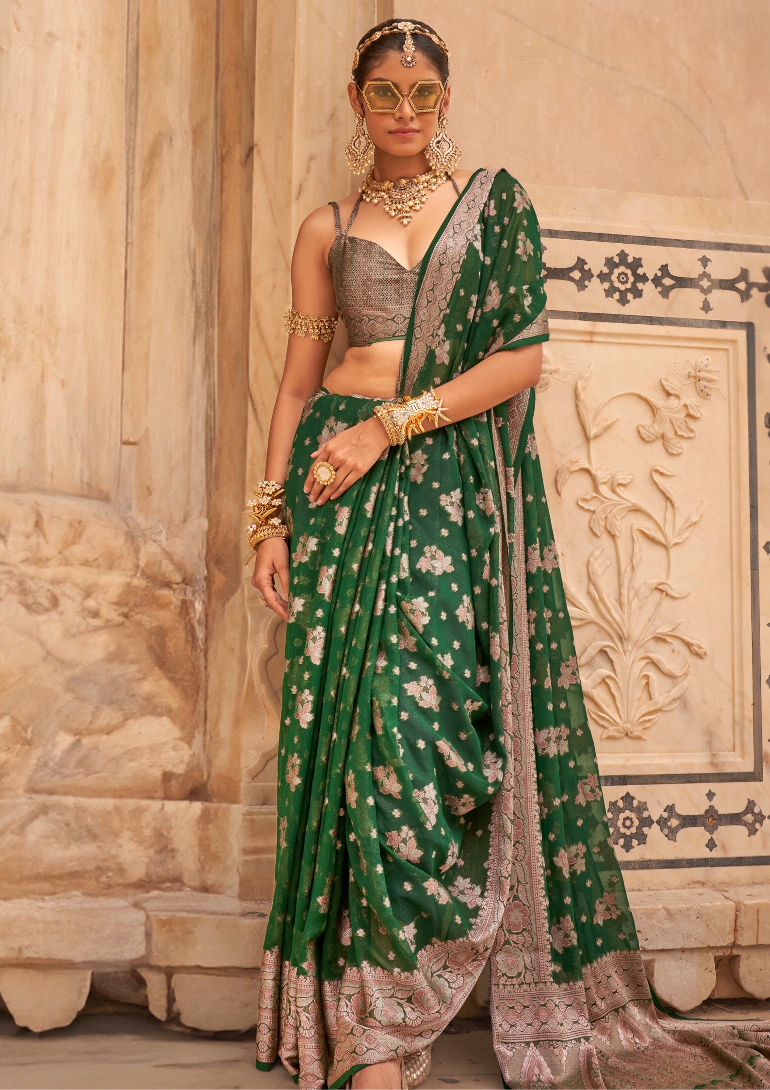 GREEN GEORGETTE SAREE WITH WEAVING BUTA BORDER