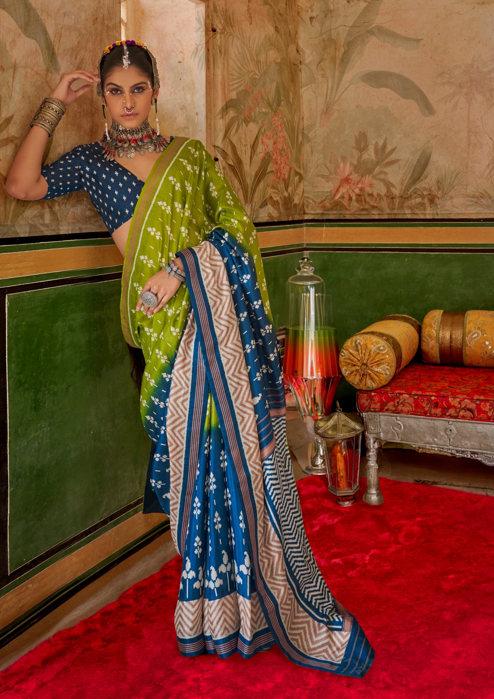 SAGE GREEN AND BLUE SILK TRADITIONAL CLASSIC DESIGN WITH AQUA FINISH