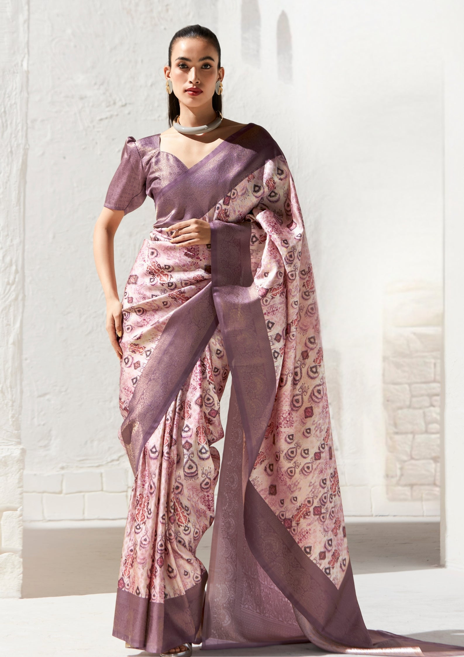 Rose Gold Saree With Printed Zari Border