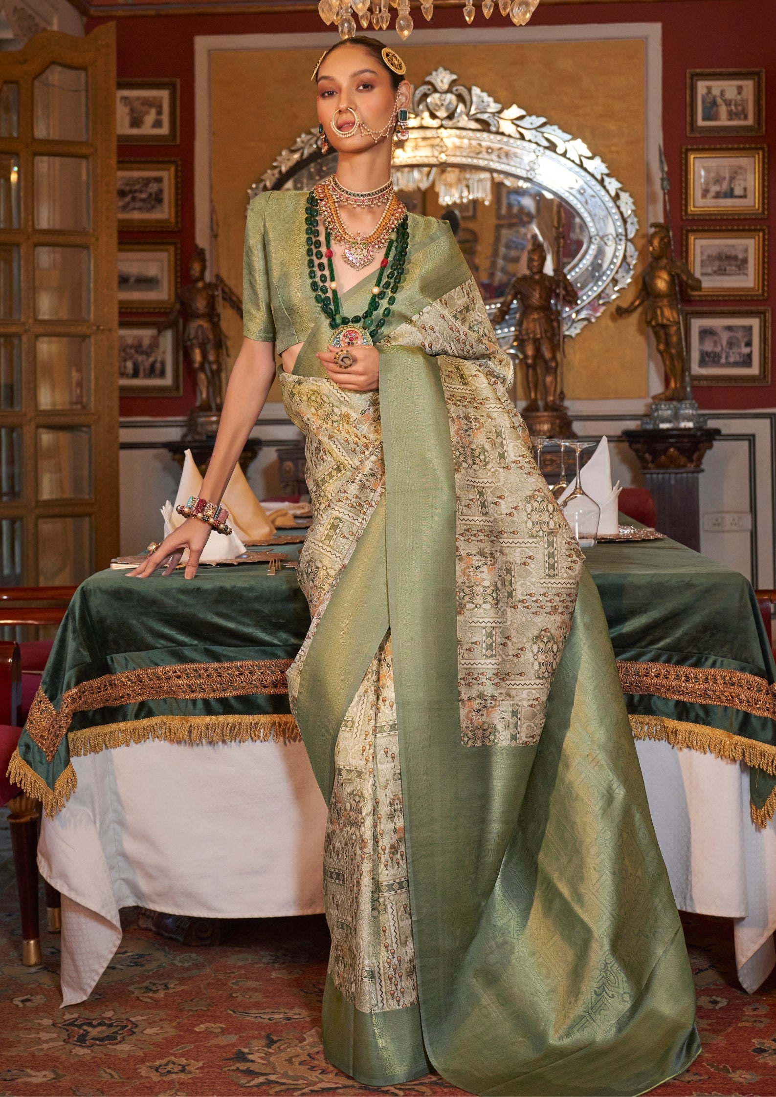 SAGE TUSSER SILK WITH DIGITAL PRINTED ZARI BORDER SAREE