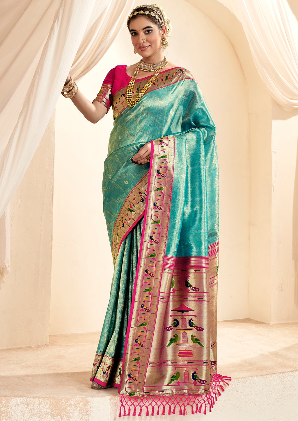 Pure Paithani Tissue Turquise  Silk With Zari Border
