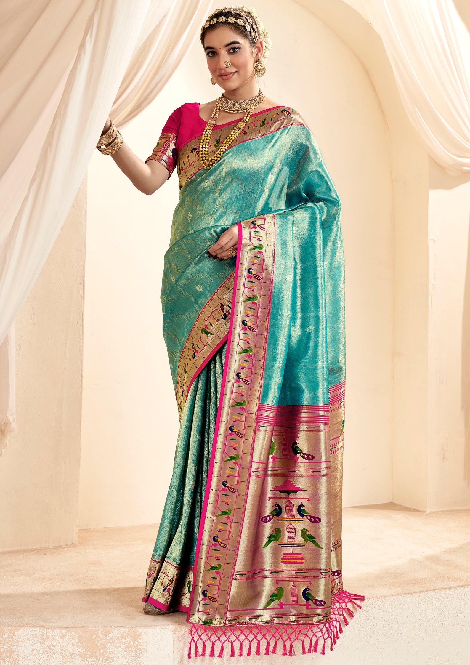 Pure Paithani Tissue Turquise  Silk With Zari Border