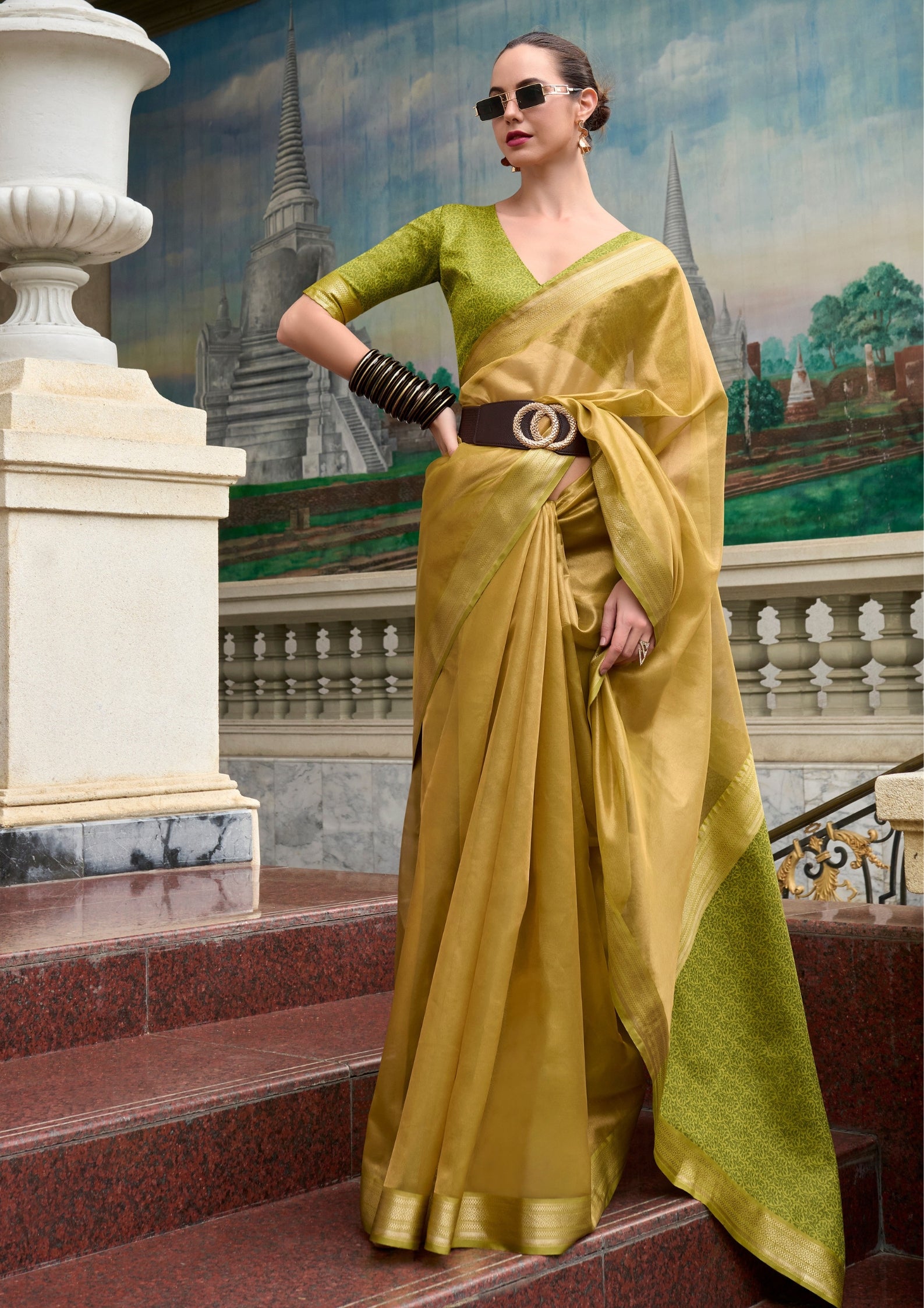 Pure Tissue Golden Saaree  With Designer Pallu and blouse