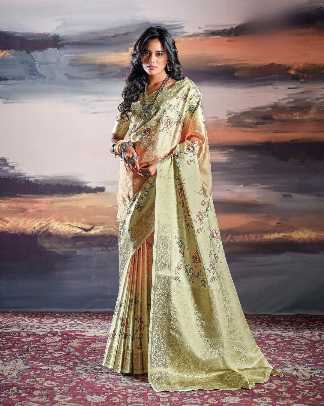Lemon and Peach Satin self weaving saree with digital print