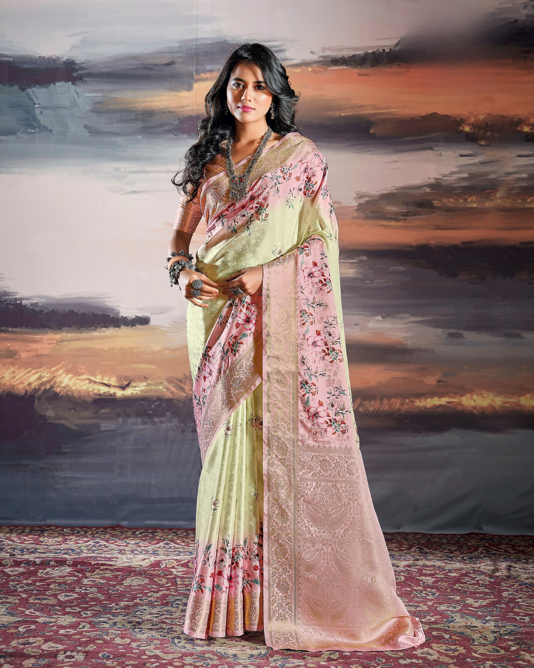 Lemon and Pink Satin self weaving saree with digital print