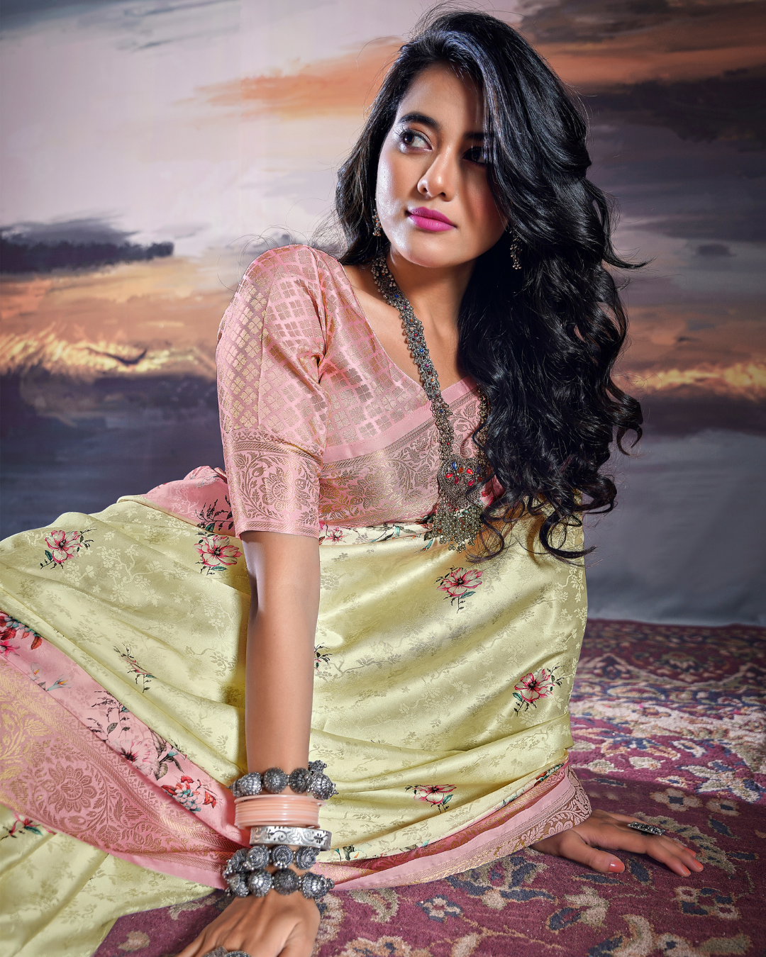 Lemon and Pink Satin self weaving saree with digital print