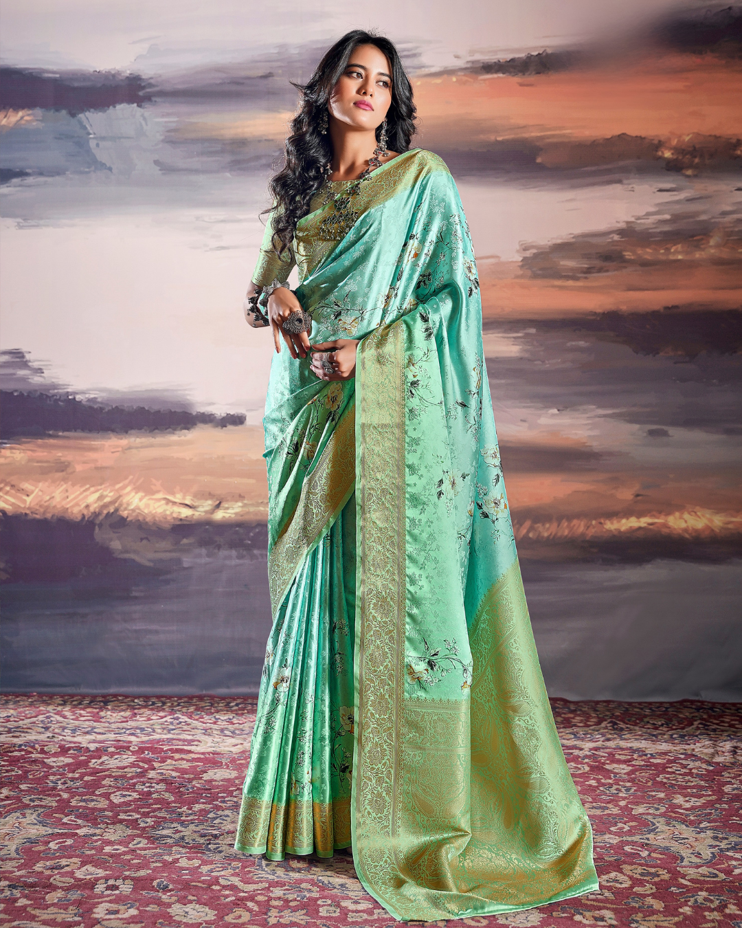 Blue Satin self weaving saree with digital print
