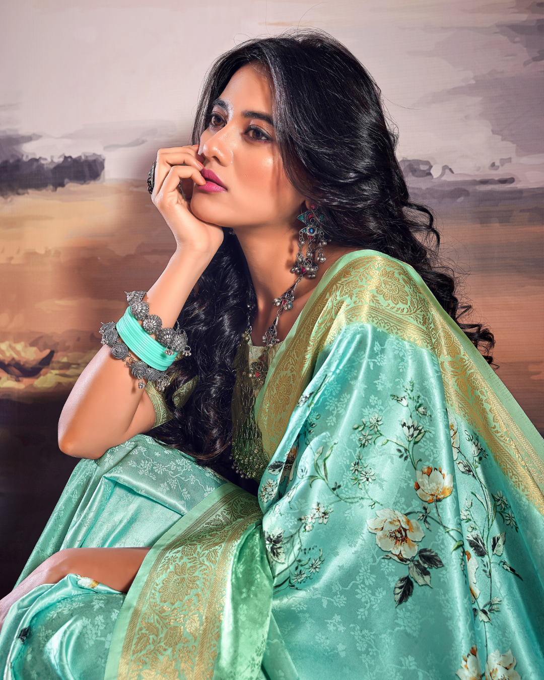 Blue Satin self weaving saree with digital print
