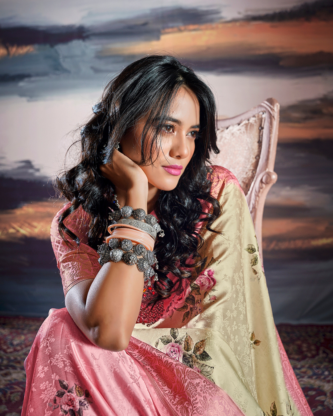 Light yellow Satin self weaving saree with digital print