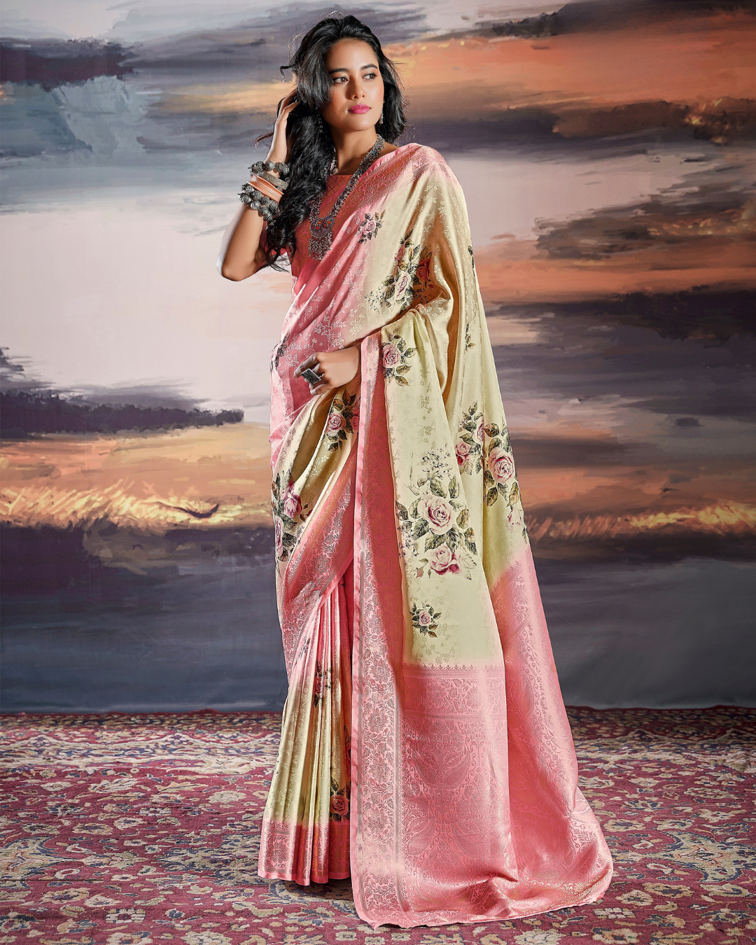 Light yellow Satin self weaving saree with digital print