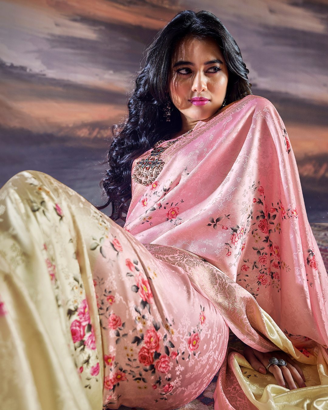 Pink self weaving saree with digital print