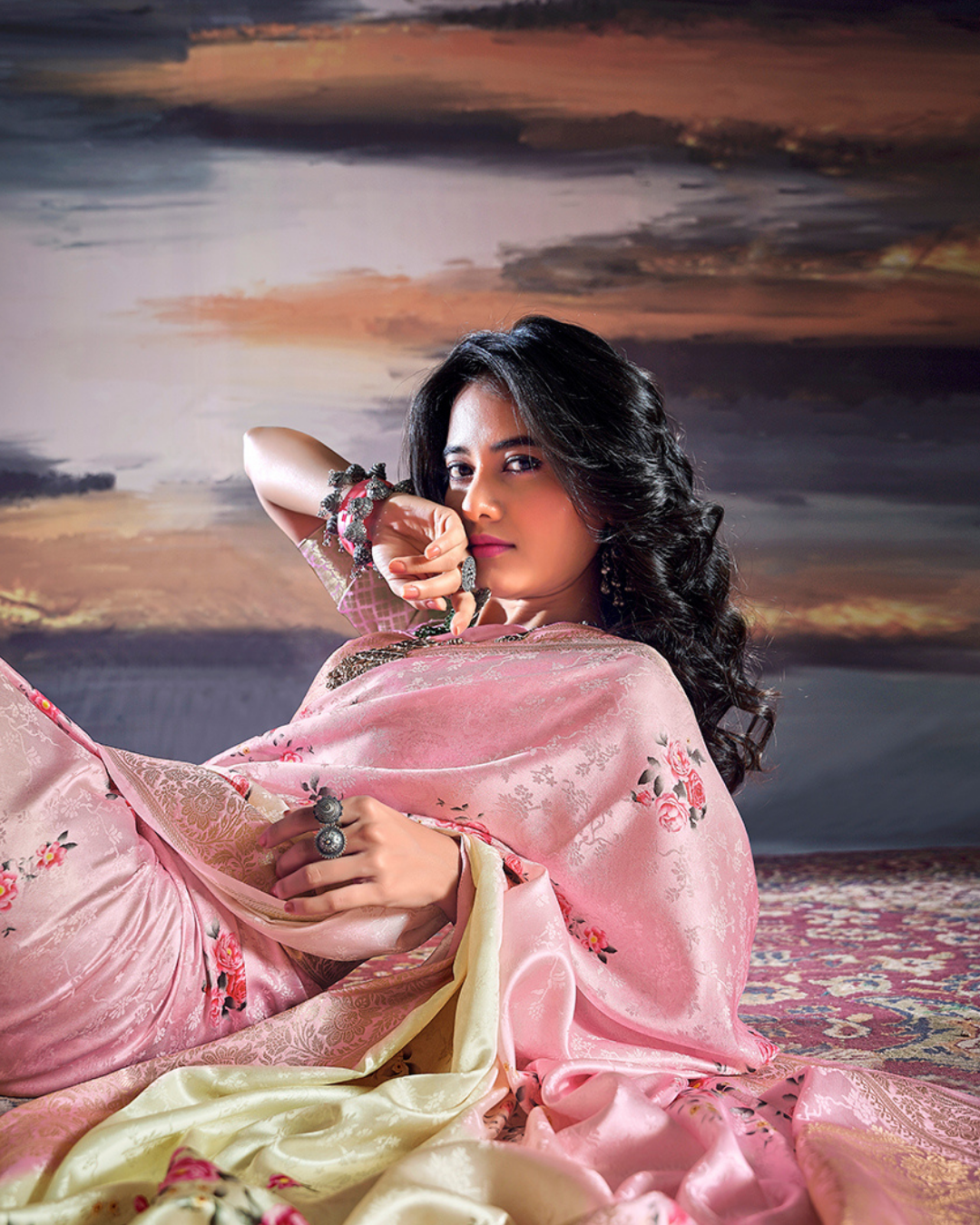 Pink self weaving saree with digital print
