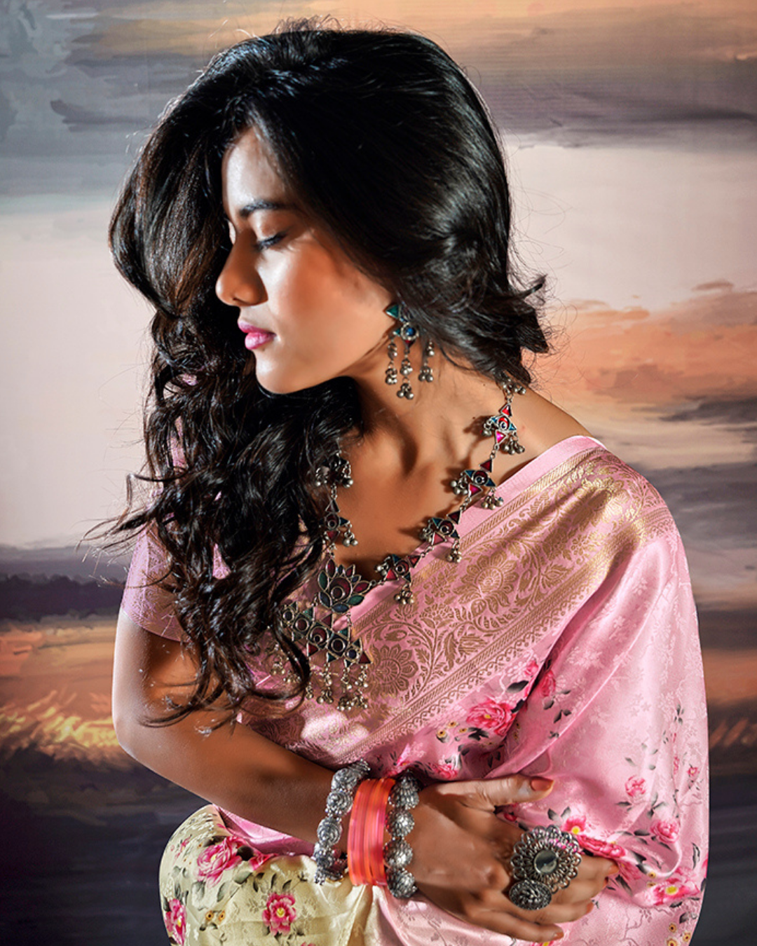 Pink self weaving saree with digital print