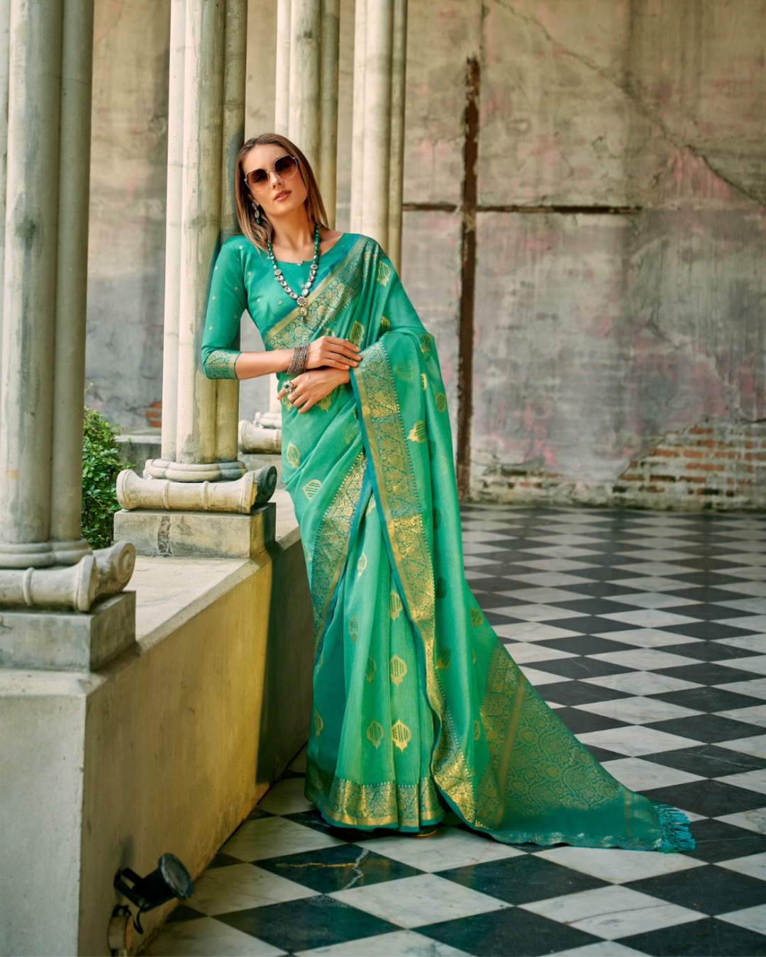 Green soft tissue silk with zari weaving