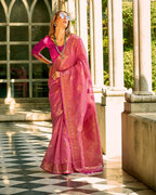 Pink soft tissue silk with zari weaving
