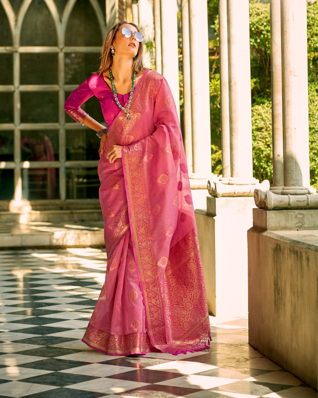 Pink soft tissue silk with zari weaving