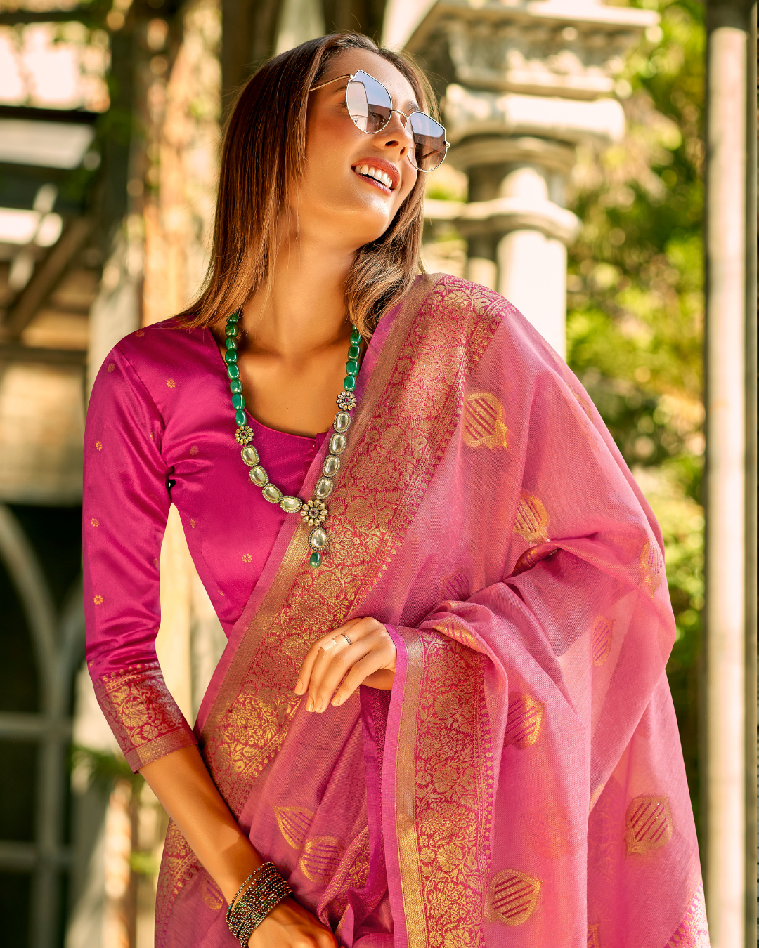 Pink soft tissue silk with zari weaving