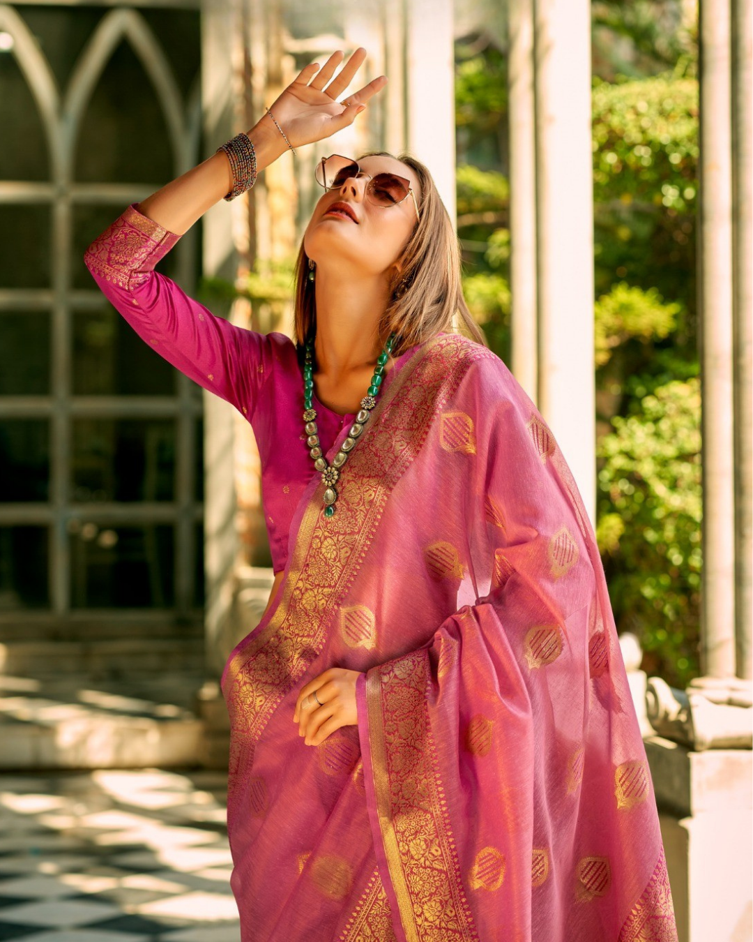 Pink soft tissue silk with zari weaving