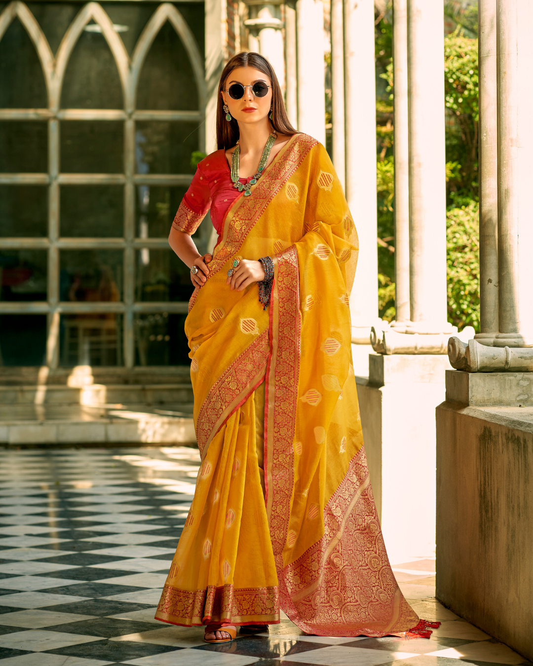 Yellow soft tissue silk with zari weaving